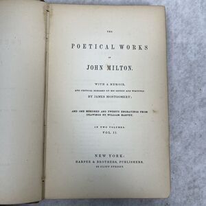 1848 Poetry Book “The Poetical Works of John Milton”‎ Vol 2 Of 2 Inscription HC